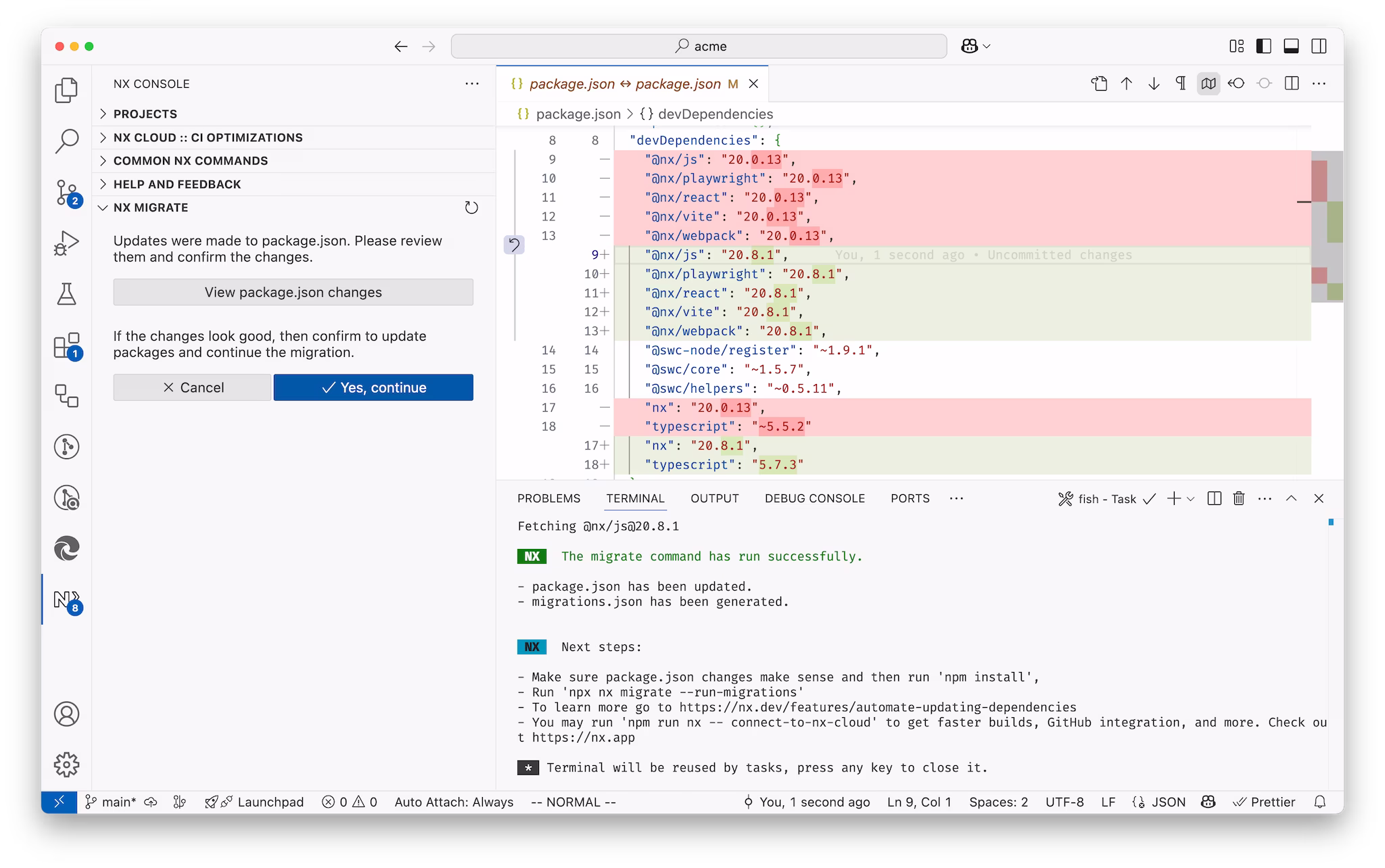 Screenshot of Migrate UI in Nx Console showing a diff of the changes made to package.json.